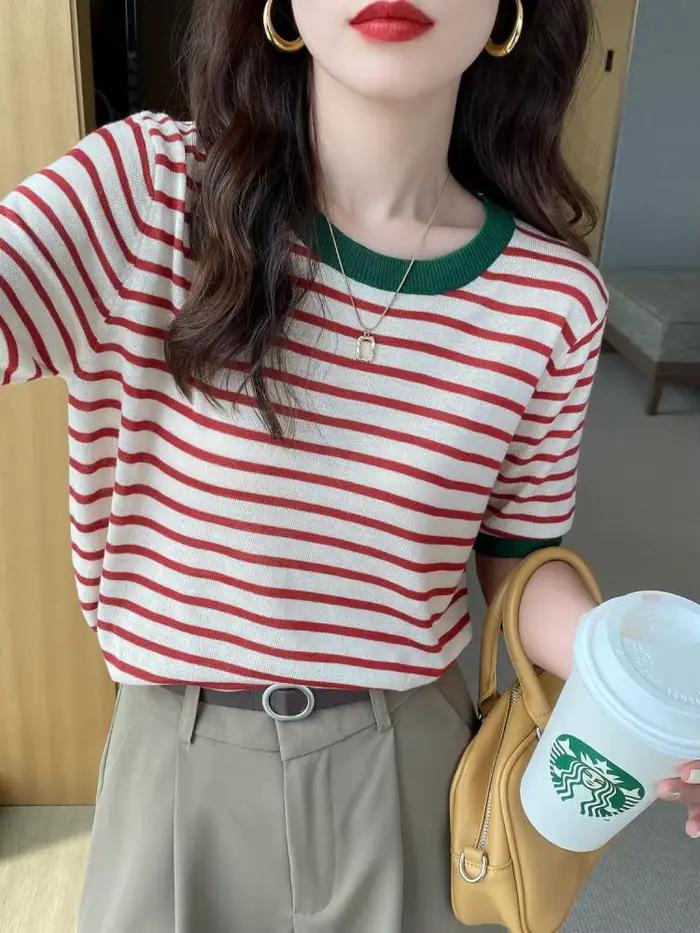 T-shirt décontracté à rayures pour femme junior, style bureau dame, été, coton polyester, taille unique, confort élastique, occassions spéciales