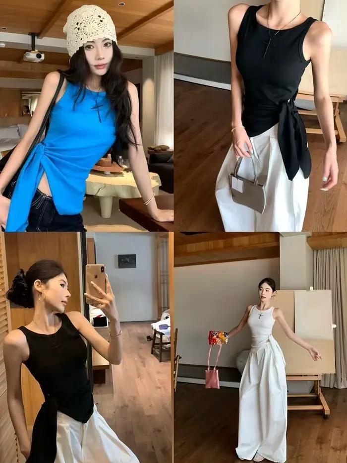 Hauts d'été pour femmes style Pinterest débardeurs et camisoles coupe courte polyester et élasthanne occasion sorties et soirées