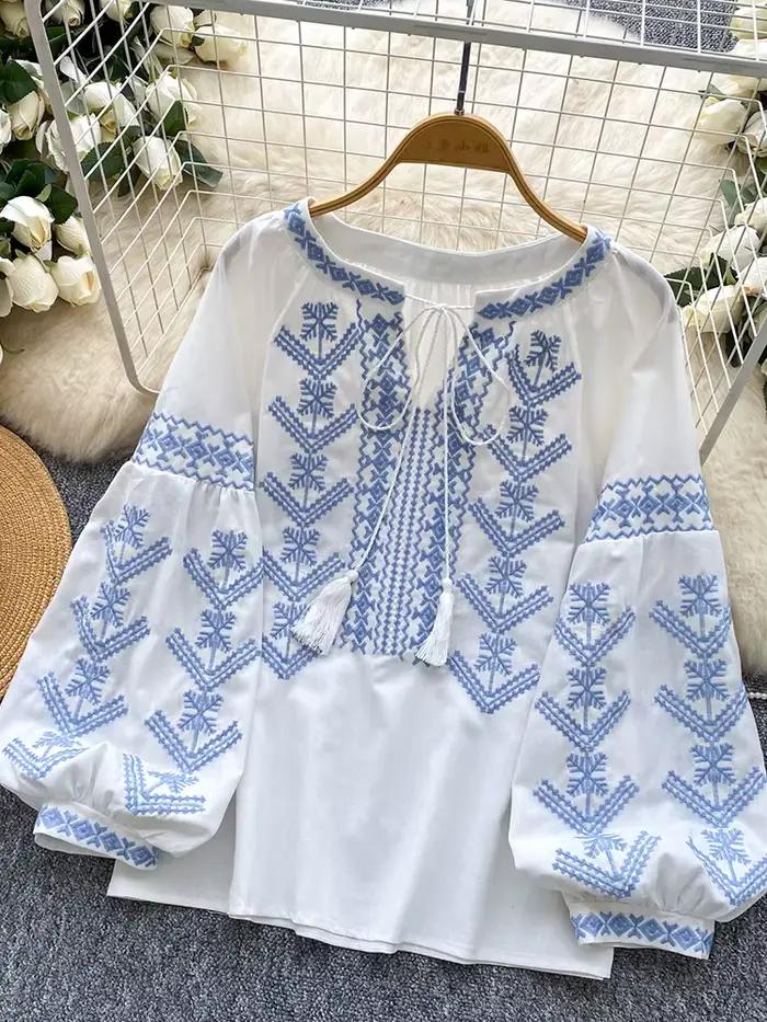 Femmes Blouse broderie automne à manches longues chemise rétro Style bohème cravate-teinture lanterne