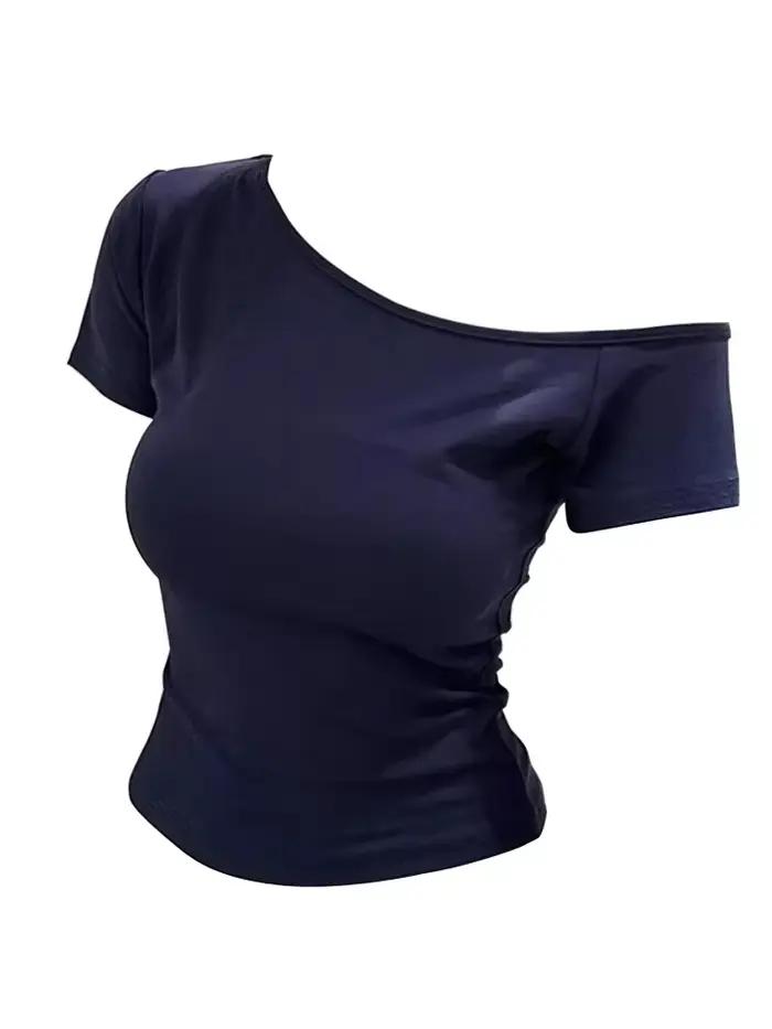 Bleu marine épaules dénudées à manches courtes t-shirt femmes coupe ajustée corps haut d'été femme Sexy t-shirts de base coréen Chic