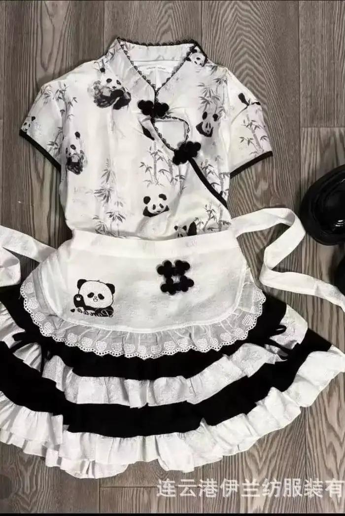 Cos Halloween Cosplay mignon fille nouveau Style chinois Panda imprimé haut avec taille haute effet minceur moelleux gâteau jupe femme de chambre avril