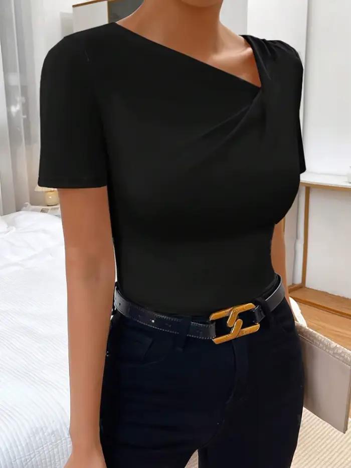 T-shirt Asymétrique Élégant en Polyester Noir pour Femmes Occasions Spéciales Bureau Soirées Nocturnes Printemps Été
