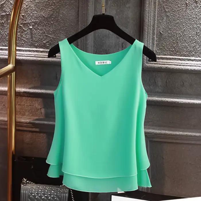 Blouse en polyester mousseline sans manches BANERDANNI avec col en V pour femmes décontractée et élégante pour les occasions estivales