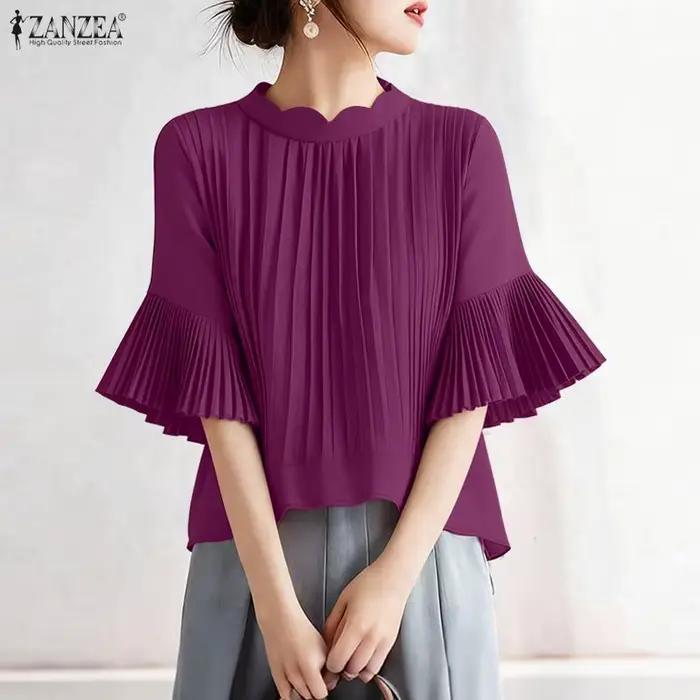 Femmes élégantes Blouse ZANZEA été bureau travail Blouses mode col rond manches à volants hauts solide chemise plissée décontracté Mujer Femme