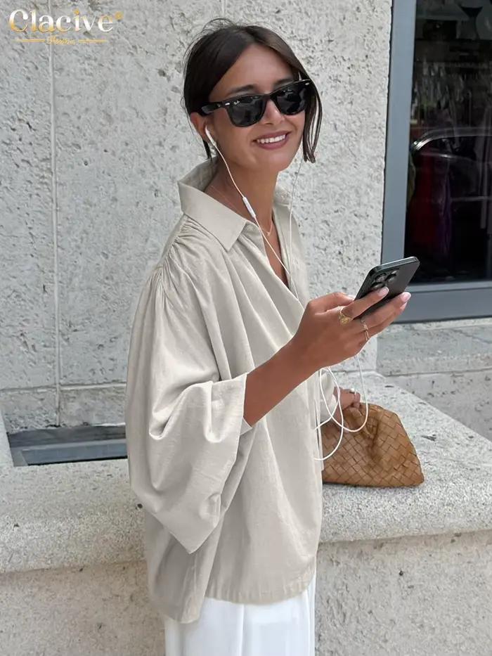 Clacive mode ample kaki coton femmes Blouse 2025 décontracté revers à manches longues chemise élégant classique solide hauts vêtements féminins
