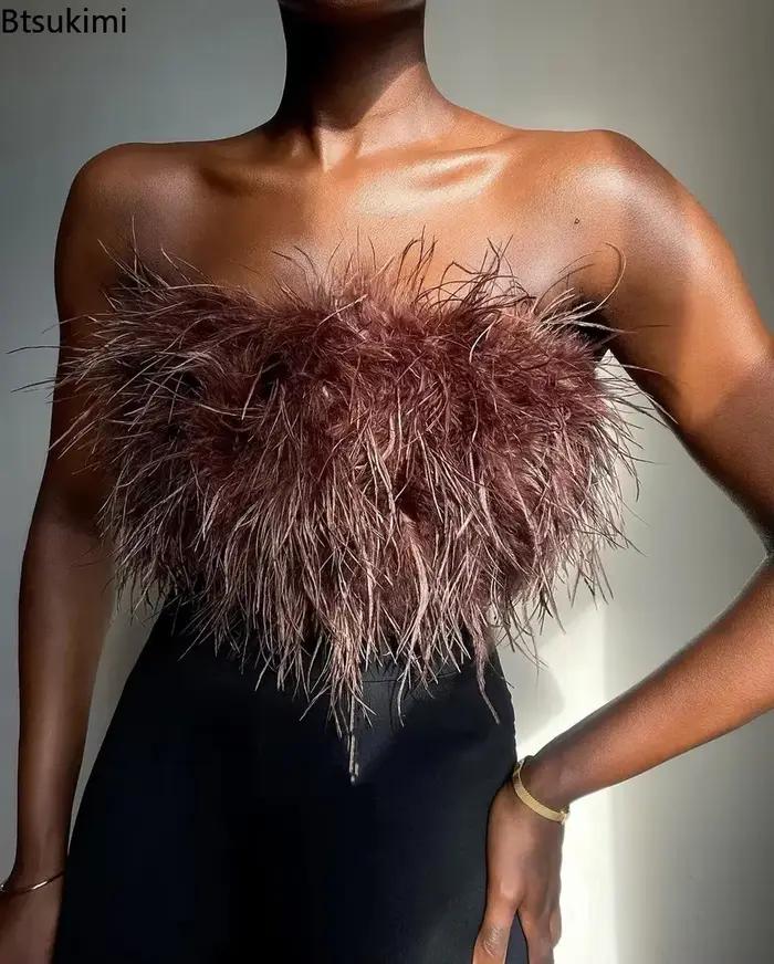 Hauts courts sexy à épaules dénudées en plumes pour femme