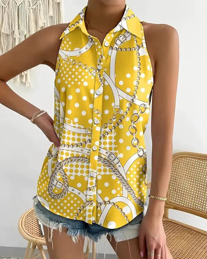 Haut à bretelles pour femme à imprimé abstrait avec col et boutons sur le devant pour la mode estivale