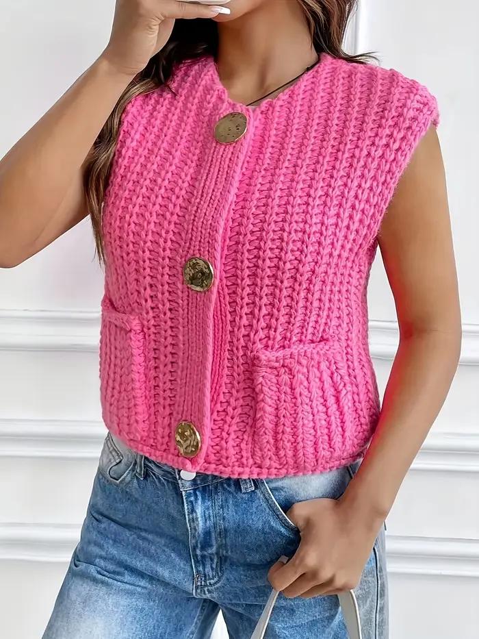 Cardigan en crochet sans manches pour femme avec boutons métalliques et poches