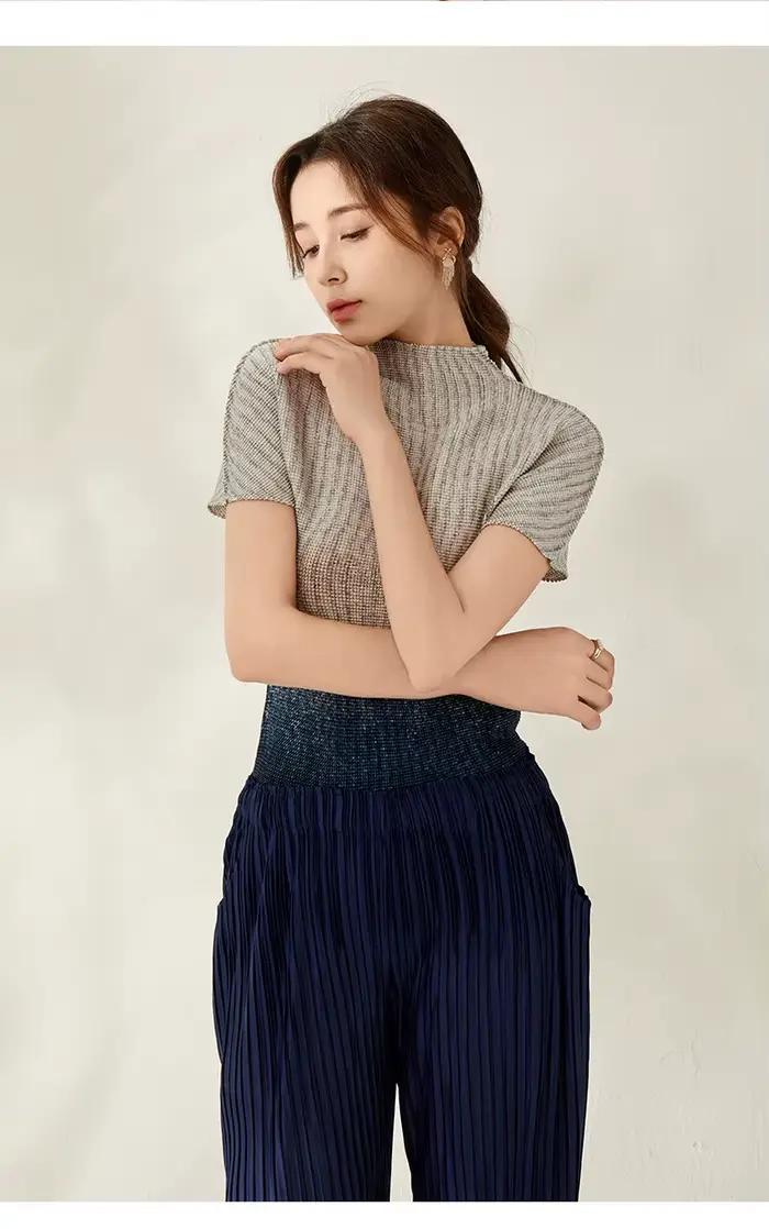 T-shirt plissé dégradé pour femme col roulé manches courtes coupe ajustée polyester été occassions spéciales