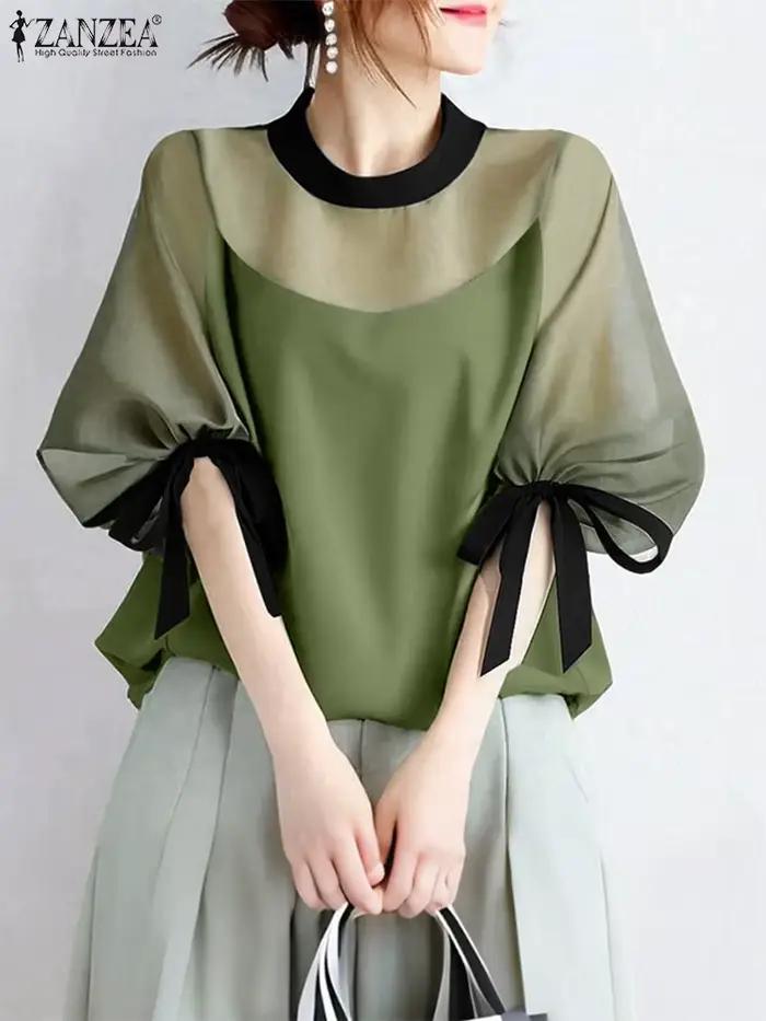 Blouse ZANZEA Décontractée Élégante en Polyester avec Dentelle Patchwork Pour Femmes Occasions Printemps Automne