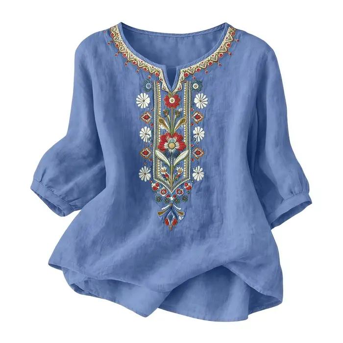 Chemise en polyester WHooHoo pour femmes avec broderie rétro, coupe ample et manches 3/4 pour des tenues estivales élégantes et décontractées