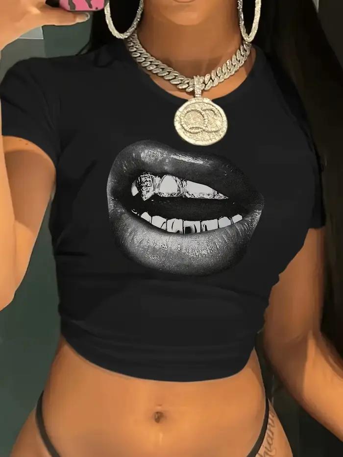 T-shirt court décontracté à col rond et manches courtes imprimé lèvres style gothique pour femme printemps été occasions spéciales
