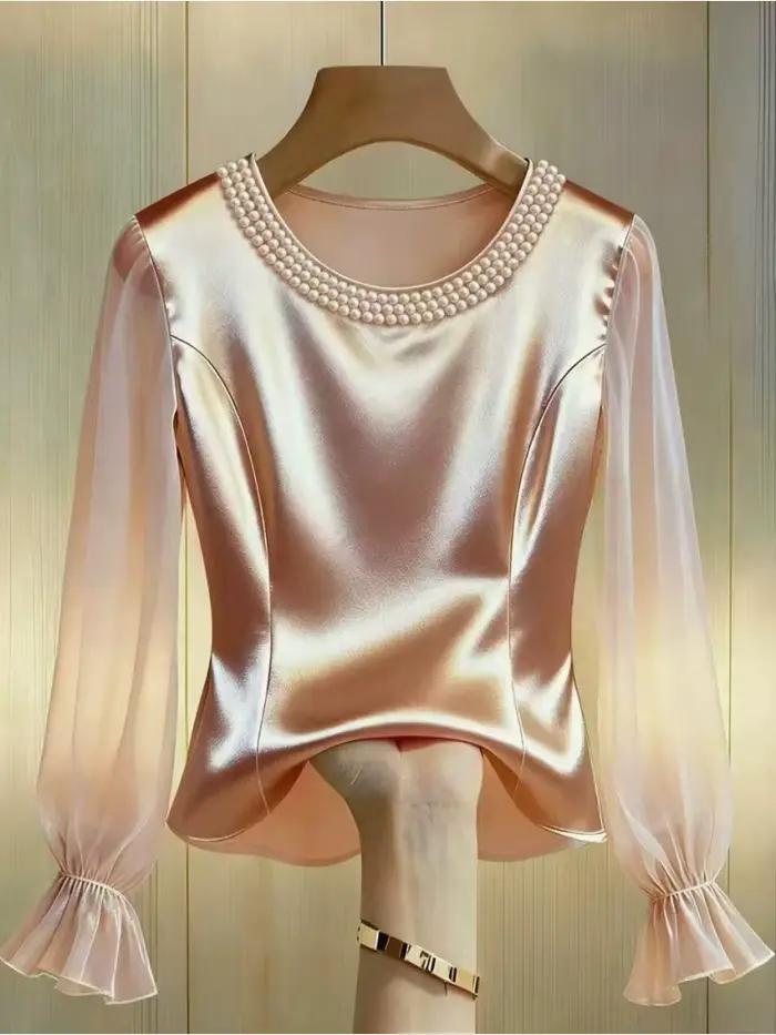 Chemisier élégant à col rond et manches longues en satin et mousseline transparente orné de perles pour femme