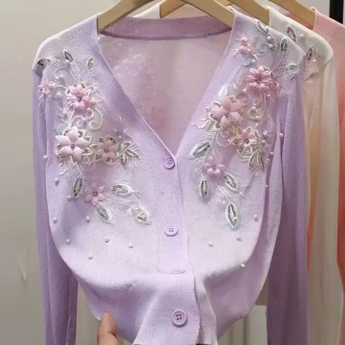 Cardigan féminin printemps été brodé perles viscosé pour femmes occasions spéciales high street