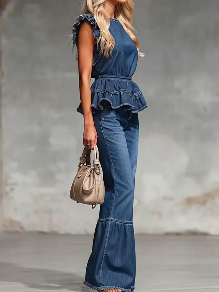 Ensemble décontracté pour femme avec haut à volants et pantalon large en tissu non denim pour les occasions quotidiennes