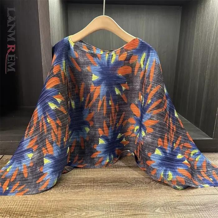LANMREM haut de gamme Niche Design plissé femmes T-shirt à la mode col rond