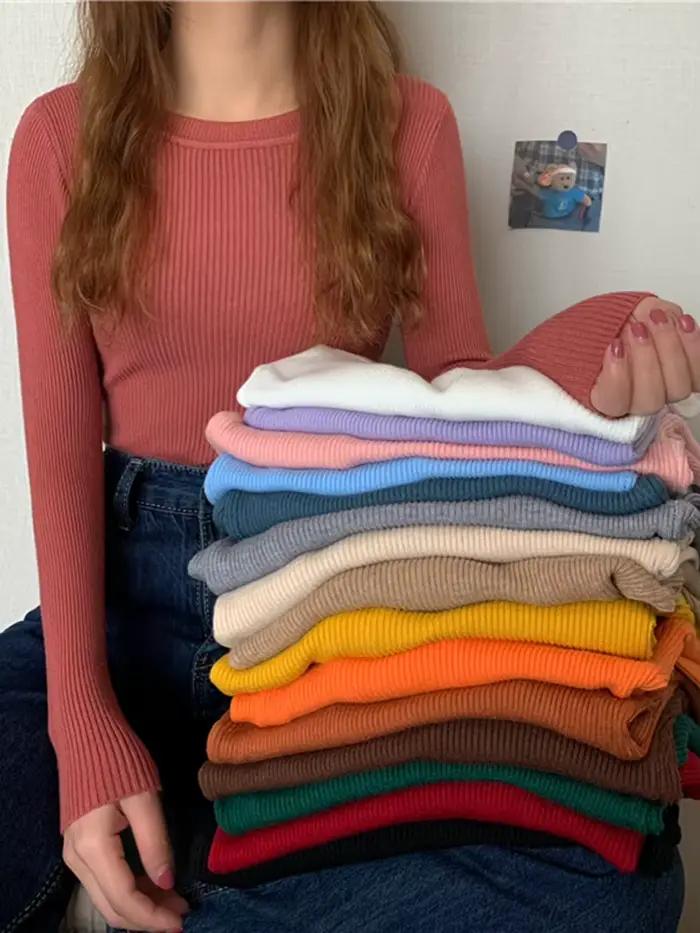 Pull pour femmes automne-hiver 2026, à manches longues, col rond, basique, tendance, élastique, en tricot uni.