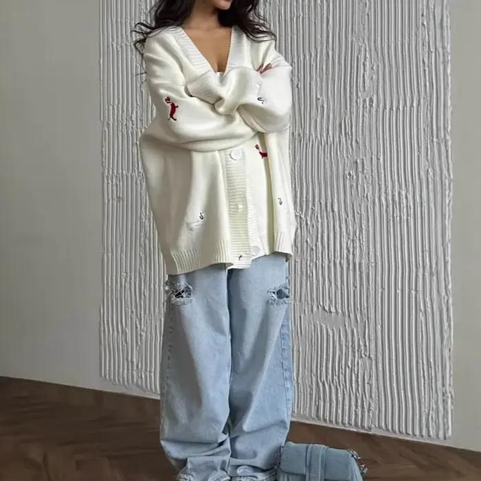 Teckel brodé pull Cardigan ample col en v à manches longues veste à la mode nouveaux vêtements pour femmes