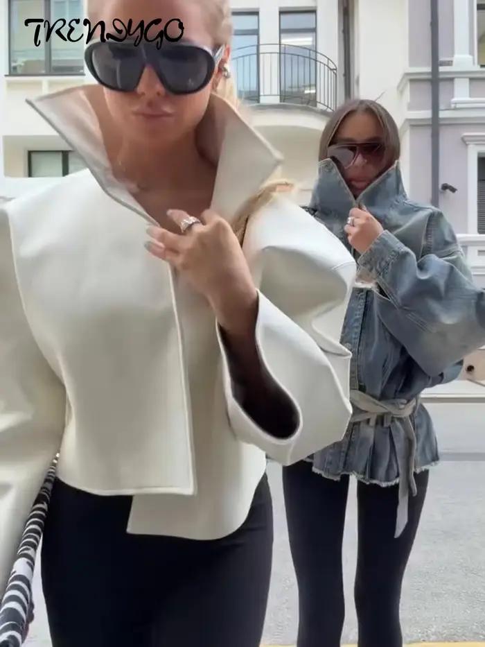 Veste courte oversize en similicuir à col roulé pour femme, vêtement d'extérieur chic, coupe ample, streetwear tendance, soirée élégante, polyester doux, style high street