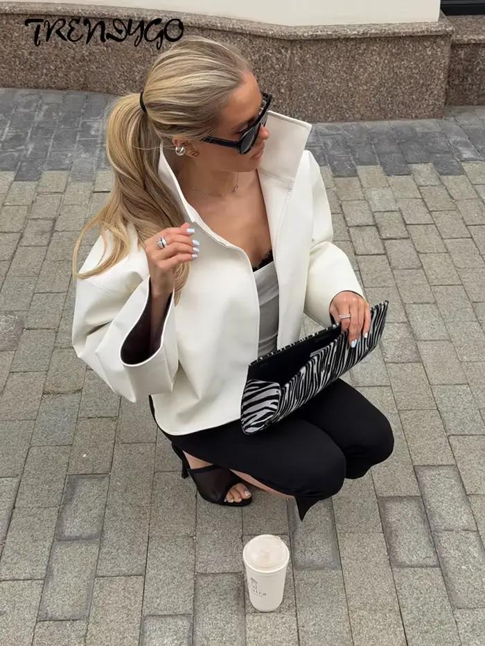 Veste courte oversize en similicuir à col roulé pour femme, vêtement d'extérieur chic, coupe ample, streetwear tendance, soirée élégante, polyester doux, style high street