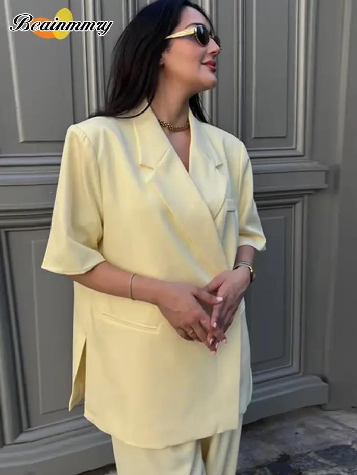 Beurre jaune recadrée Blazers manteaux femmes mode revers ample demi manches veste été bureau dame trajet Streetwear 2025
