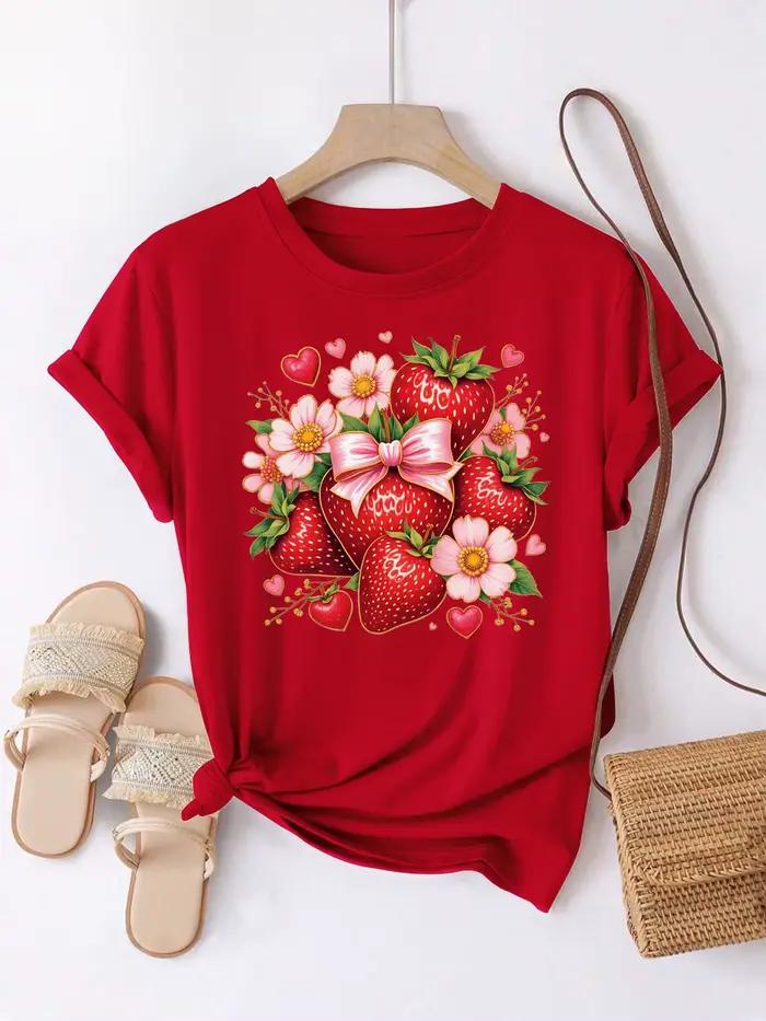 Mode d'été femmes T-Shirt fraise fleur motif imprimé