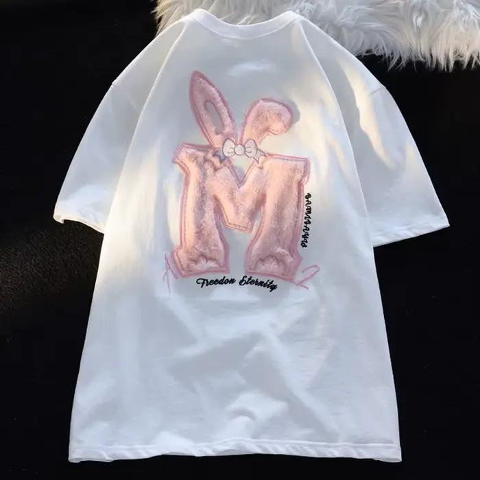 Coton flocage lapin oreille à manches courtes T-shirt femmes nouvel été polyvalent haut rose mignon flocqué