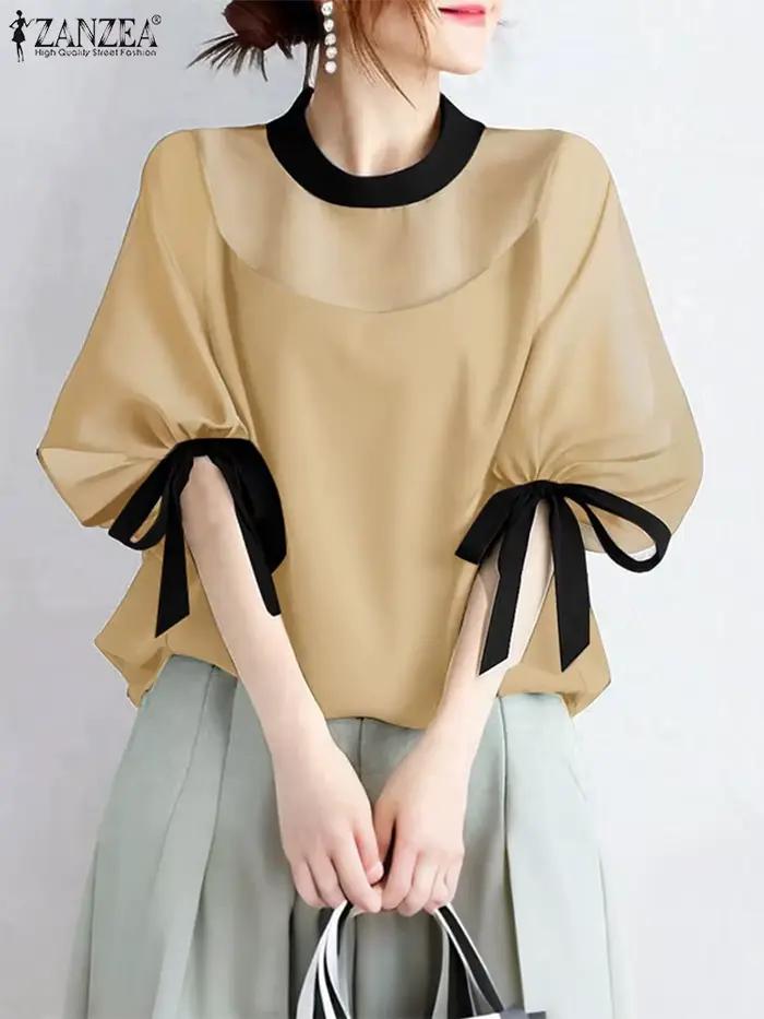 Blouse ZANZEA Décontractée Élégante en Polyester avec Dentelle Patchwork Pour Femmes Occasions Printemps Automne