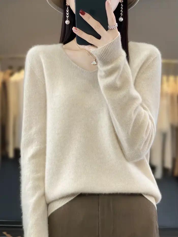 Basiques 2024 automne hiver femmes pull 100% laine mérinos col en v tricots solide bureau dame