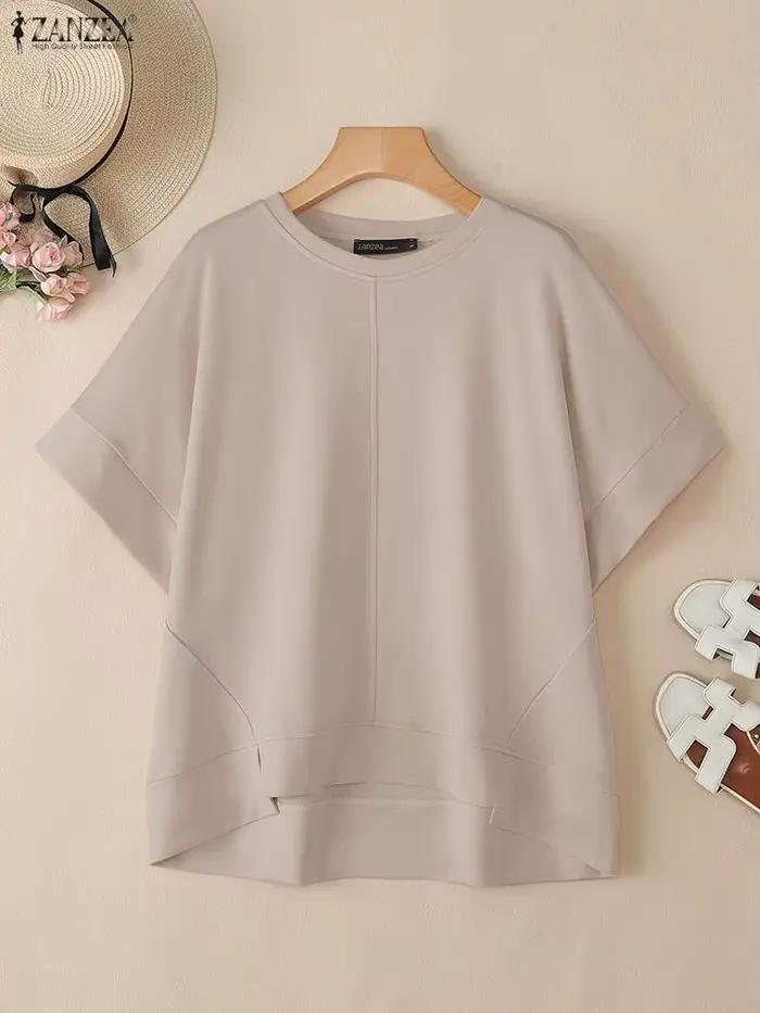 ZANZEA Streetwear ourlet asymétrique T-Shirts femmes décontracté col rond demi manches Patchwork