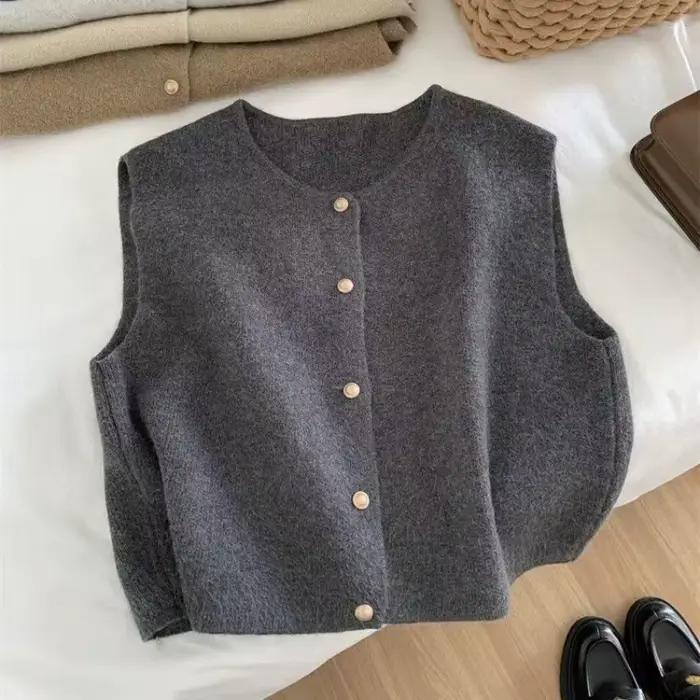 Gilet en tricot femme tricoter polyester boutons dorés beige gris kaki noir élégant printemps automne