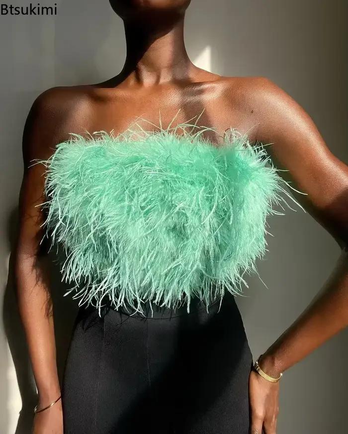 Hauts courts sexy à épaules dénudées en plumes pour femme