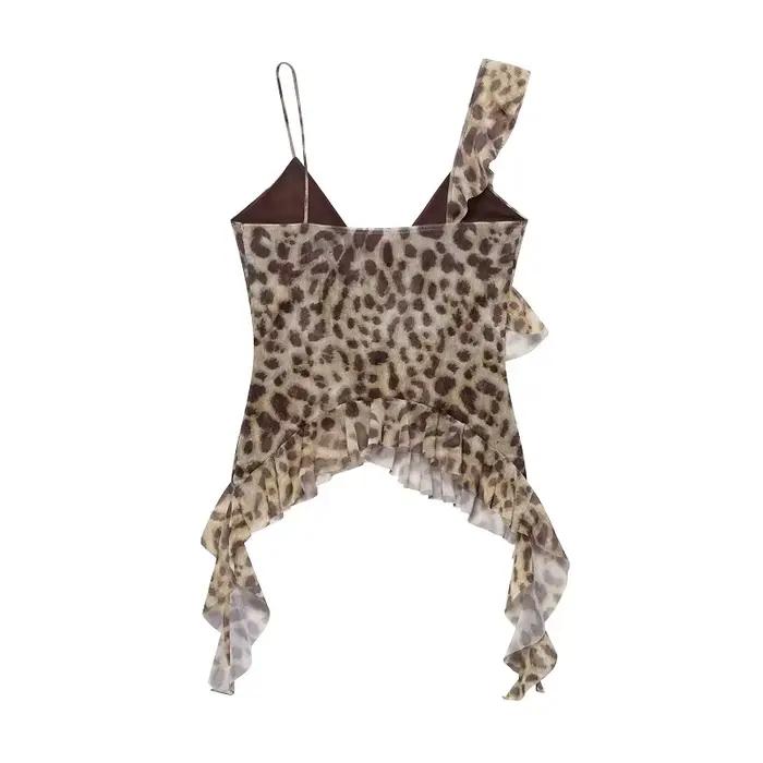 MUJER imprimé à volants Tulle haut femmes léopard dos nu hauts femme 2025 été Camisole