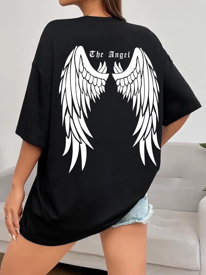 T-Shirt Dark Angel Wing pour Femmes, Imprimé en Coton, Style Streetwear pour Occasions Spéciales et Vie Quotidienne