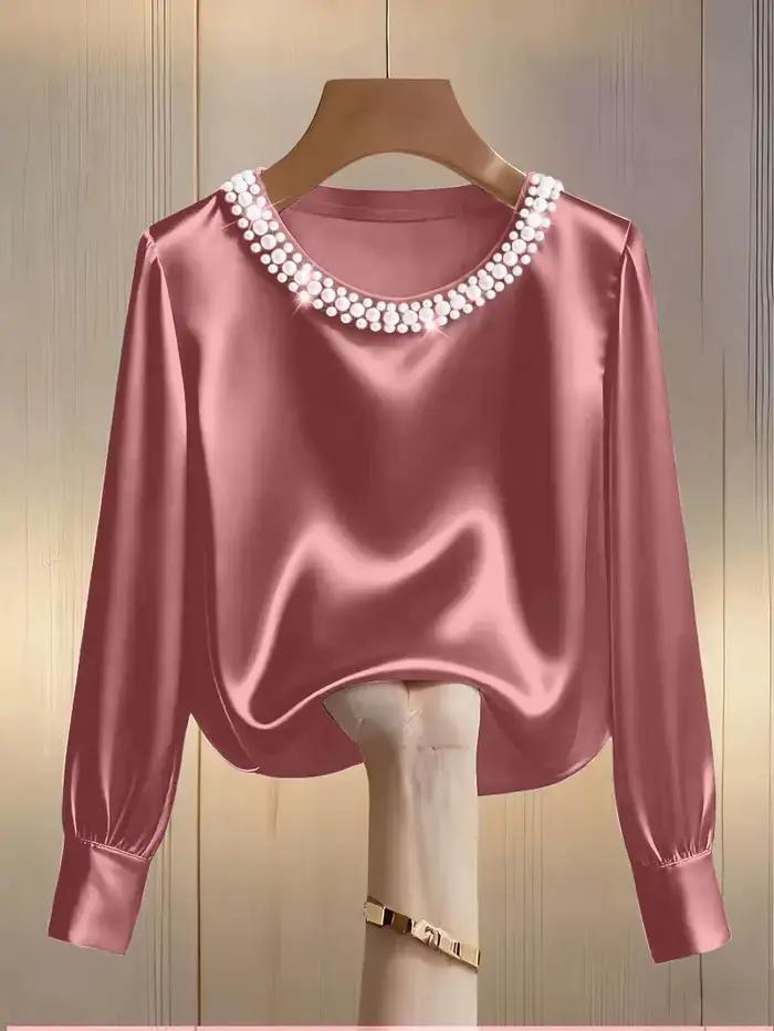 Chemise en satin à col rond perlé haut de gamme française pour le printemps et l'été