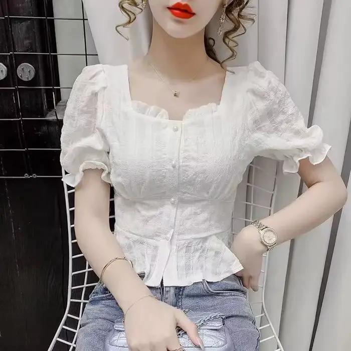 Haut à volants en polyester pour femmes, design décontracté, printemps été, taille moyenne, blanc ou noir, occasion spéciale, confort et élégance