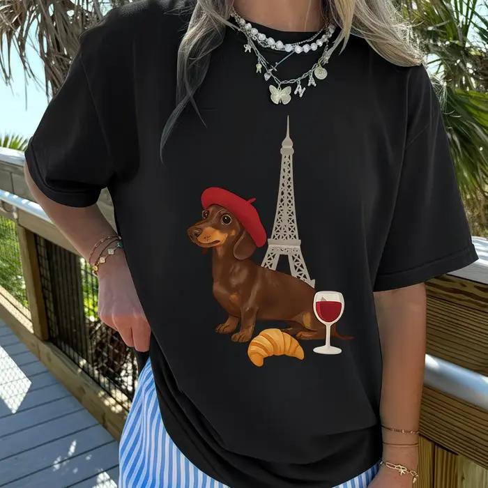 T-shirt drôle pour femme avec motif Teckel français et chien à la Tour Eiffel de Paris tendance esthétique décontracté à manches courtes mode été adapté aux activités quotidiennes