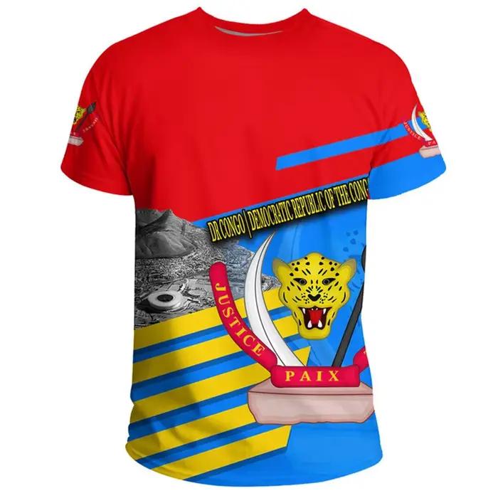 T-shirt à manches courtes col rond décontracté d'été avec emblème national imprimé en 3D du drapeau de la République démocratique du Congo
