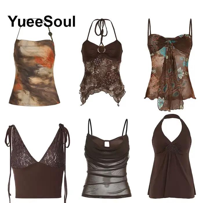 Vintage marron haut court femmes 2025 nouveau imprimé sans manches mince débardeurs été Y2K doux mignon décontracté Streetwear femme vêtements