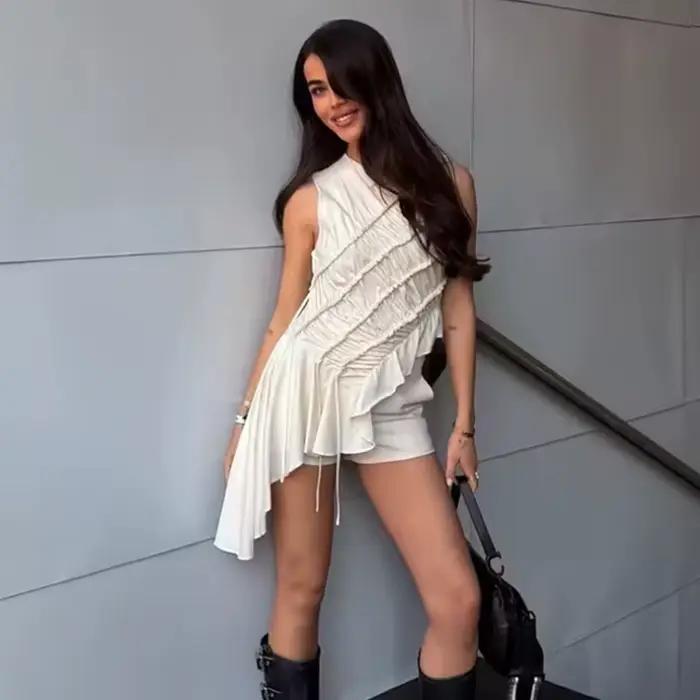 Nouvelle Blouse Gilet d'Été Femme 2026 Tendance Beige Élégante Asymétrique Hauts