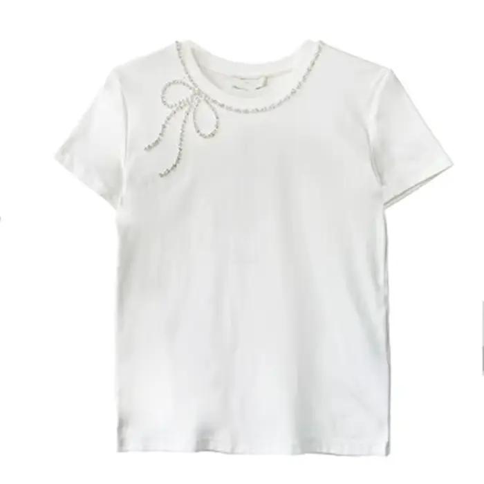 Nouveau T-shirt d'été chic en coton fait main avec perles pour femme