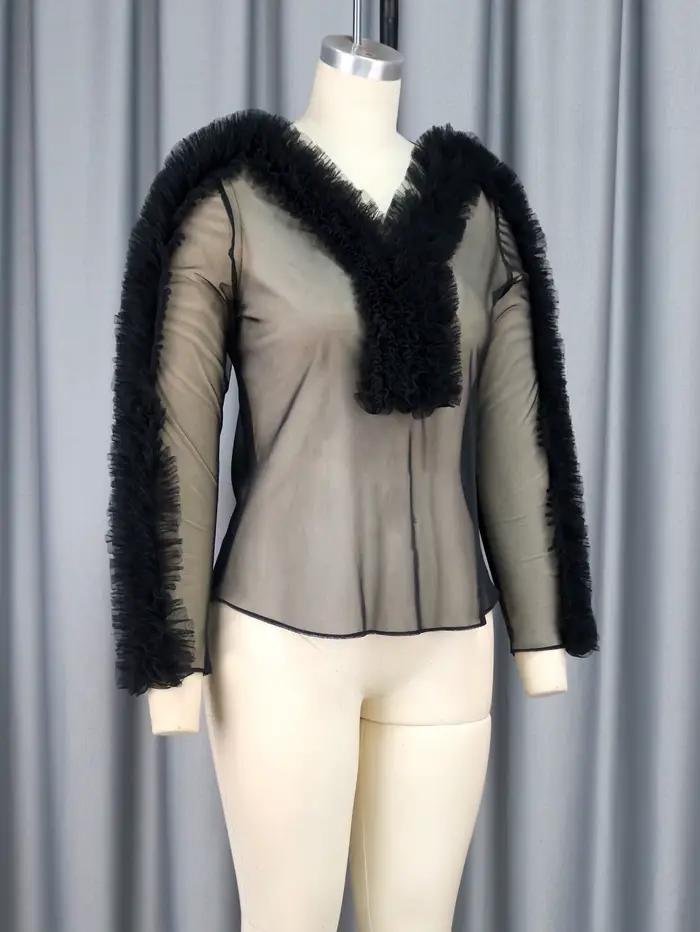 Chemisier Noir Transparent à Col en V pour Femme