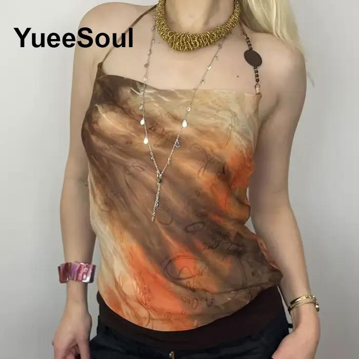 Vintage marron haut court femmes 2025 nouveau imprimé sans manches mince débardeurs été Y2K doux mignon décontracté Streetwear femme vêtements