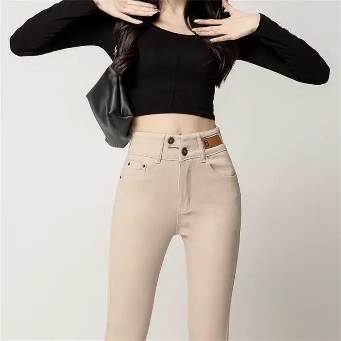 Jean Skinny Taille Haute Femme Boutonné Style Y2K en Denim Extensible Classique Amincissant Jeggings Pantalon Kaki Noir