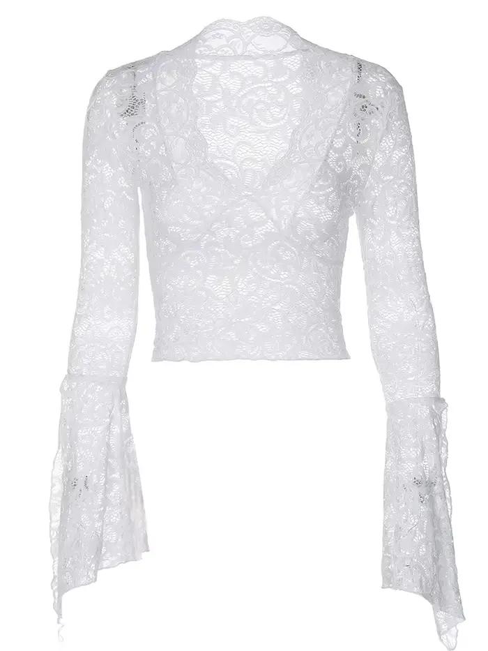 Haut sexy en dentelle à col en V profond Style de rue Longueur courte Bordure T-shirt à manches longues Respirant Confortable Mélange de nylon Tendance St...