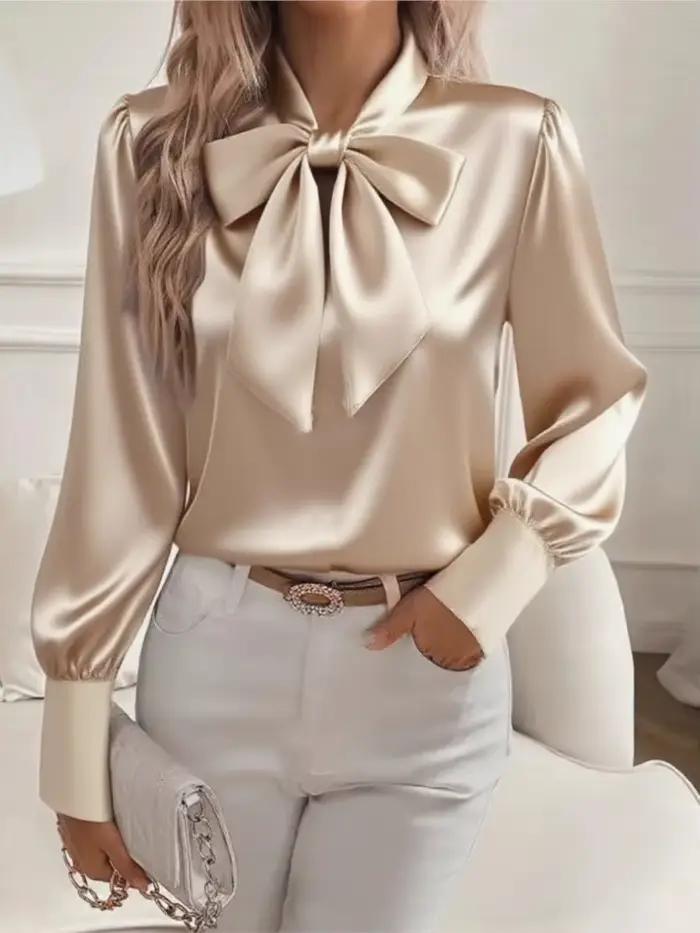 Coréen élégant bureau Blouses femmes automne mode nœud cou Blusas manches bouffantes chemises Mujer hauts printemps décontracté solide chemise de travail