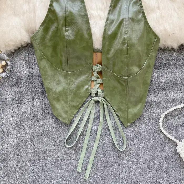 Haut en Cuir PU Épaules Dénudées à Lacets pour Femme
