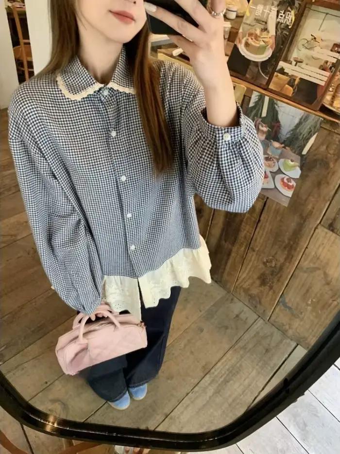 Nouveau chemisier à carreaux coréen femmes vêtements dentelle Patchwork chemises amples Vintage simple boutonnage doux hauts 2025 Bllusas Mujer De Moda