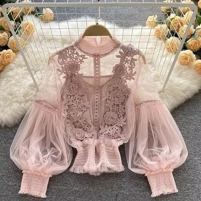 Chemisier à manches bouffantes en dentelle vintage pour femmes, style bureau dame, élégant pour toutes les occasions spéciales