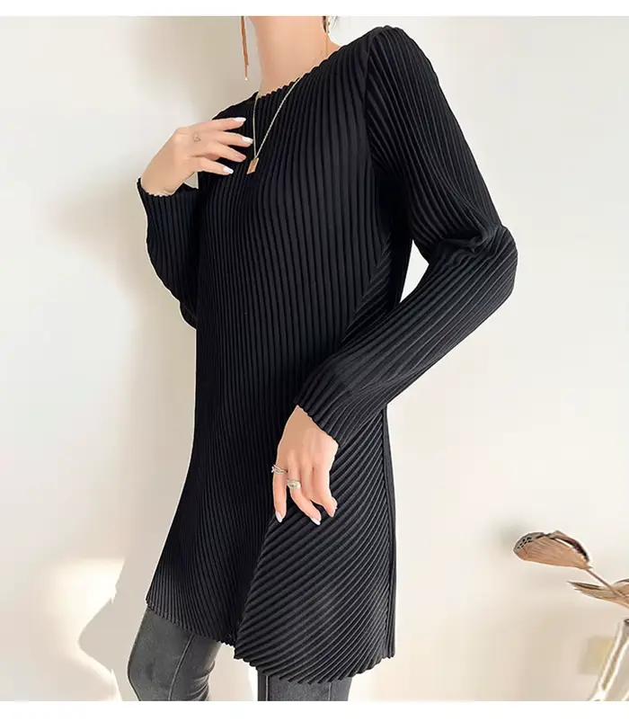 Haut plissé classique en polyester pour femmes, mi-long, noir, adapté aux hanches, printemps automne, occassions spéciales
